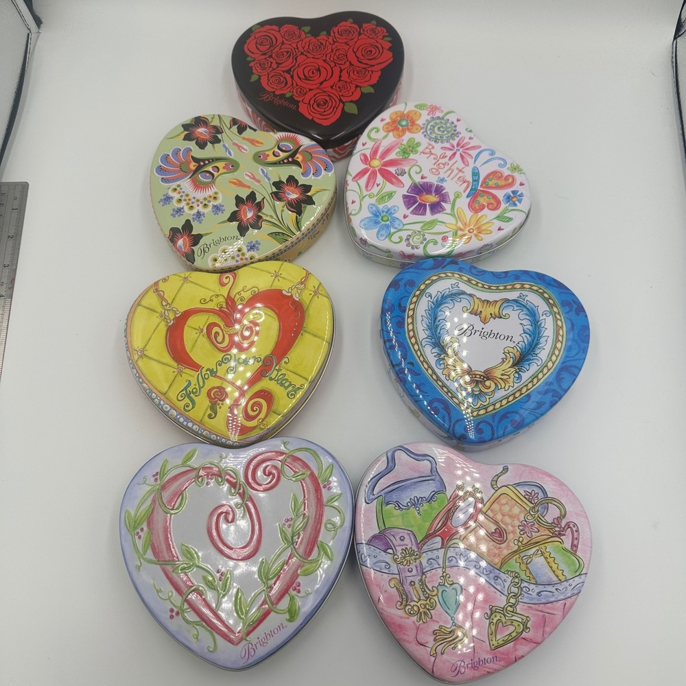 Brighton Heart Shaped Collectible Tins Lot of 7 Floral Butterfly Jewelry Boxes